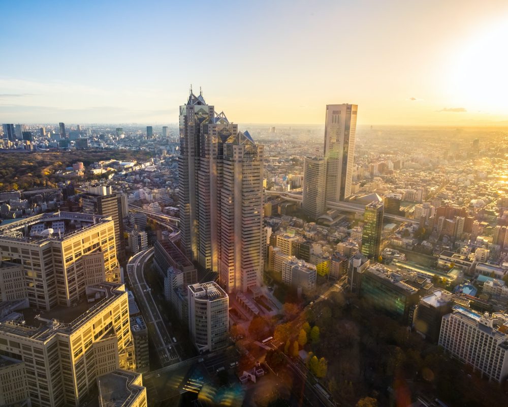 Skyscrapers and city in evening